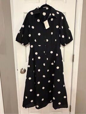 NWT A New Day Black White Polka Dot Midi Shirt Dress Size Small